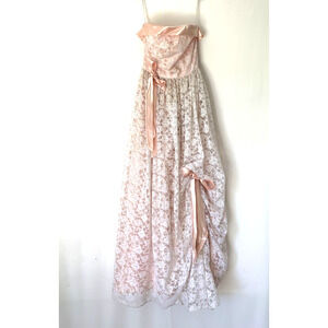 Vtg Dress Gown Small Strapless Long Maxi Lace Pink Cream Aline Fitted Prom ILGWU
